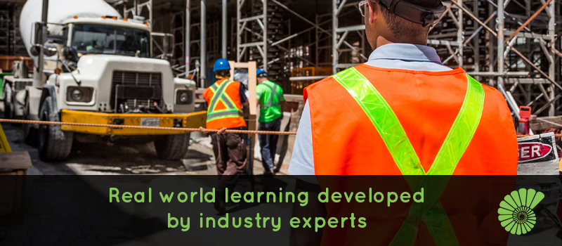 Three construction workers working on a building site, text reads Real world learning developed by industry experts with the Ammonite logo on the right hand side of the text