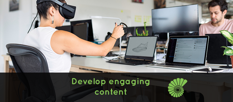 woman on computer doing an online course using a VR headset text reads Develop engaging content with the Ammonite logo on the right hand side of the text