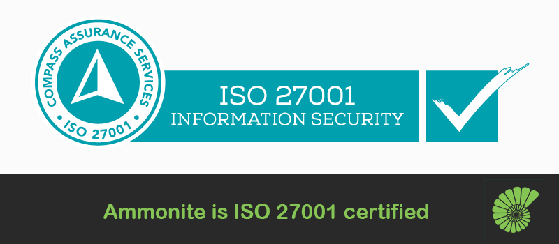 ISO 27001 certification logo in green colour. The text below reads Ammonite is ISO 27001 certified with the Ammonite logo on the right of the text