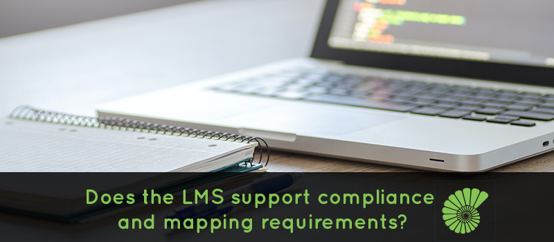 Computer with blurry text text reads Does the LMS support compliance and mapping requirements Ammonite logo on the right hand side of the text