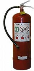 Red fire extinguisher with a black hose. There is a metal opening at the bottom the same thickness as the black hose