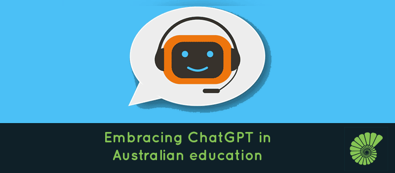 ChatGPT cartoon wearing a headset inside a speech bubble with ablue background. Text reads 'Embracing ChatGPT in Australian education' with the Ammonite logo on the right hand side of the text