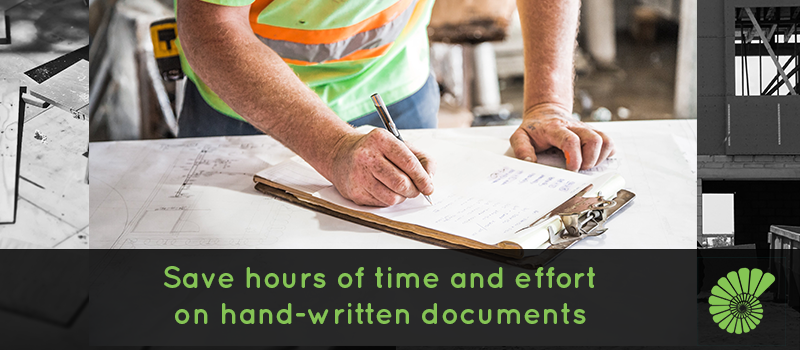 Builder working on hand written documents, text says Save hours of time and effort
on hand-written documents overlaying image, Ammonite logo on right hand corner