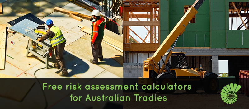 People working on building site, text says Free risk assessment calculators  for Australian Tradies overlaying image, Ammonite logo on right hand corner