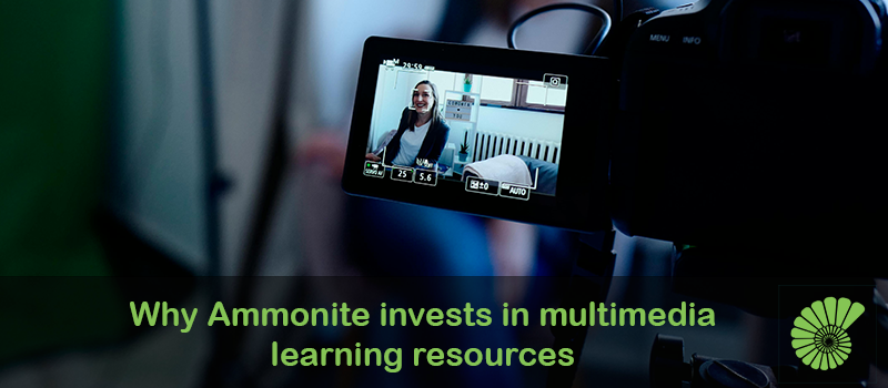Video production team filming a female. Caption below states "why Ammonite invests in multimedia resources"