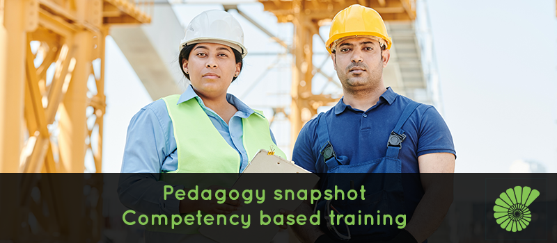 People working on building site, text says Pedagogy snapshot: Competency based training overlaying image, Ammonite logo on right hand corner